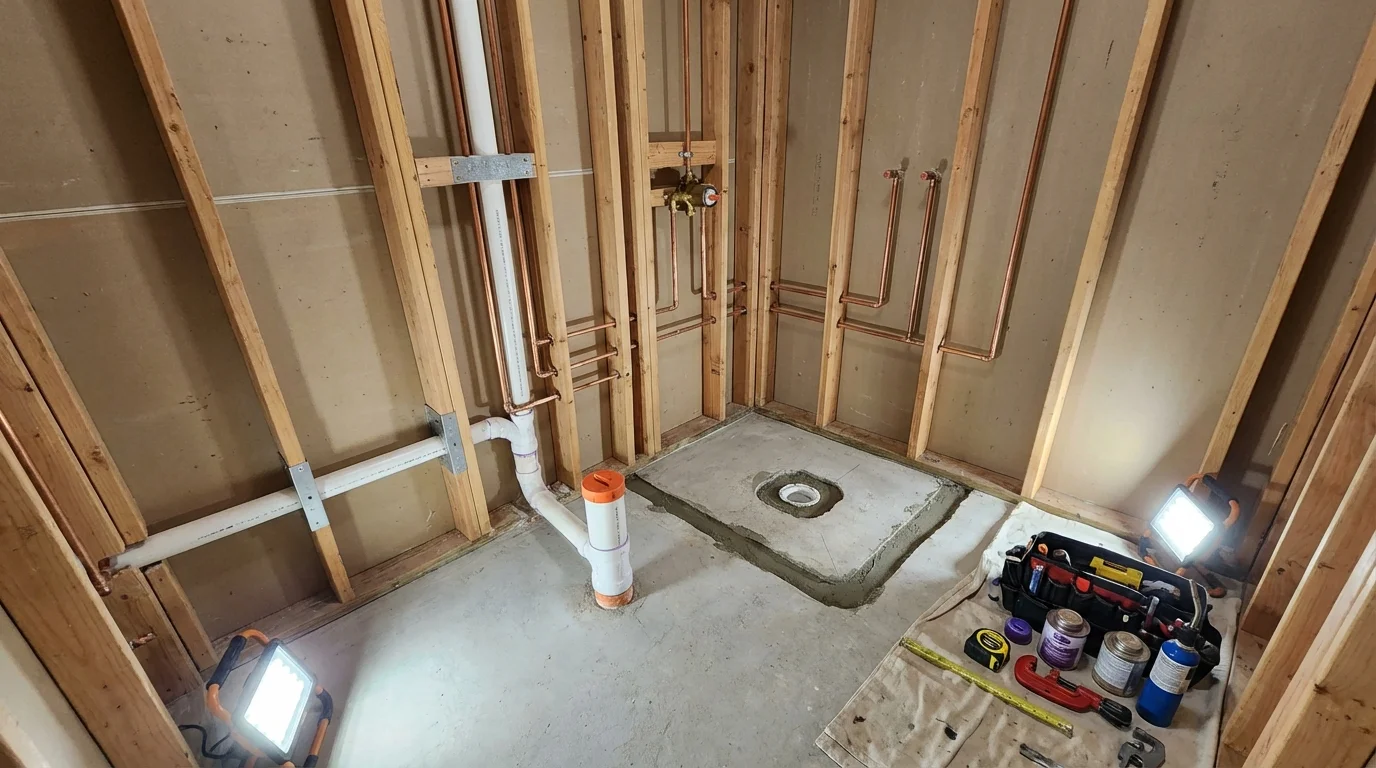 Bathroom rough-in plumbing during remodel by Johns Plumbing LLC in Fort Washington