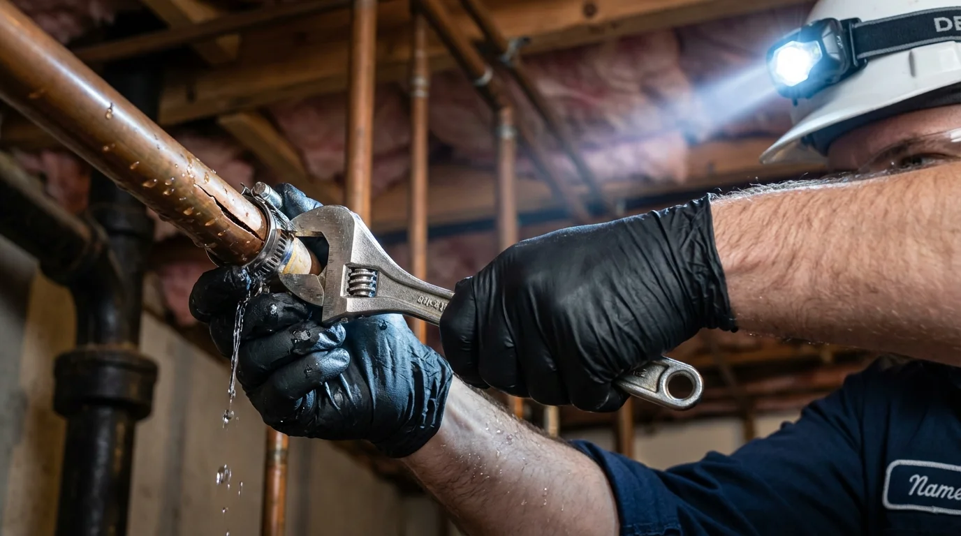 Emergency pipe clamp repair being performed by a Johns Plumbing LLC plumber in Fort Washington