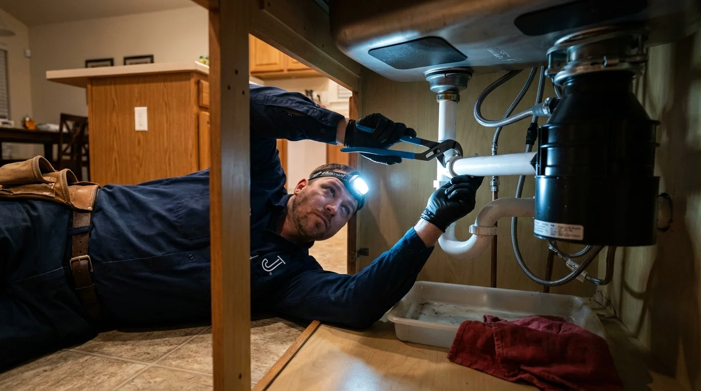 P-trap and supply line connections under a kitchen sink showing a common leak point in Fort Washington, PA